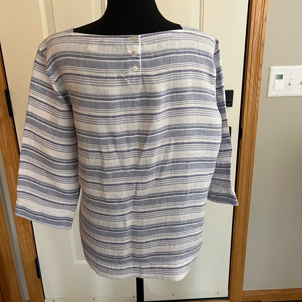 Women’s L.L. Bean 100% linen blue white stripe pullover boatneck tunic. Large P - Picture 3 of 14